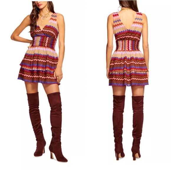 Ramy Brook Laura Knit Zigzag Metallic Tiered Mini Dress V-Neck Medium NEW - Picture 1 of 8